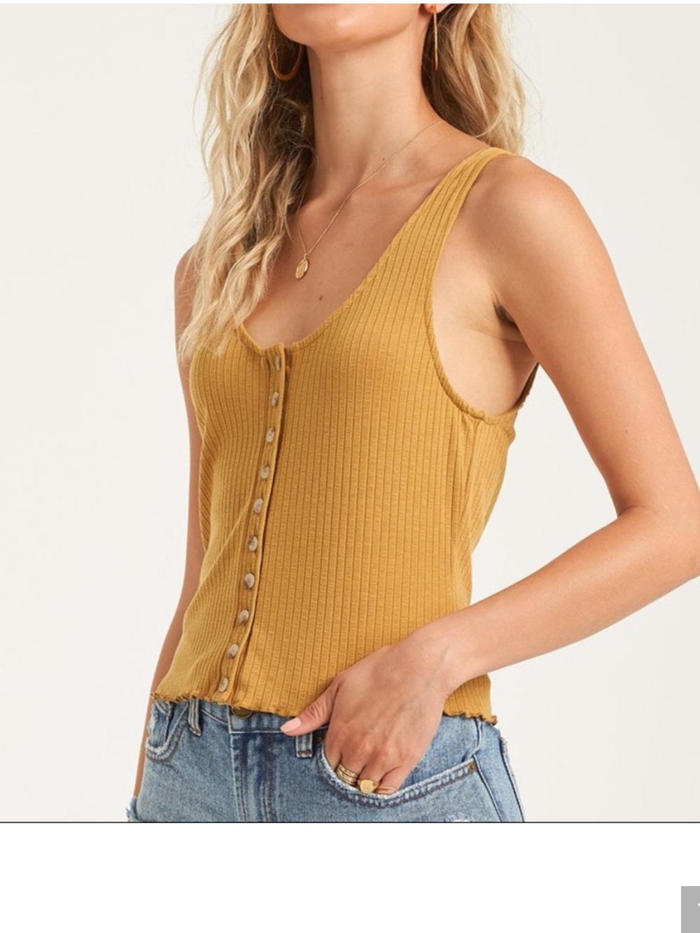 Billabong Find a Way Ribbed Button-Front Tank Top in Mustard